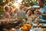 People Enjoying Food and Drinks at Table An artistic interpretation of a vibrant al fresco scene, with people immersed in a warm and joyful atmosphere, enjoying a summer evening with delicious meals 