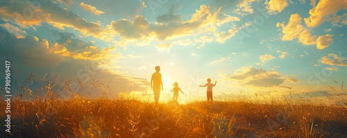 A family playing frisbee in a clear open field, with the sun shining and fluffy white clouds in the sky. photo