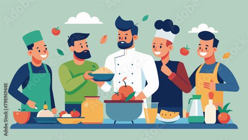 A team of men working together to create a multicourse meal each one responsible for a different dish to create a stunning and delicious spread..