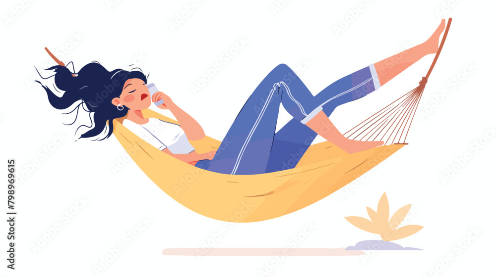 Happy woman relaxing in hammock. Young female resti