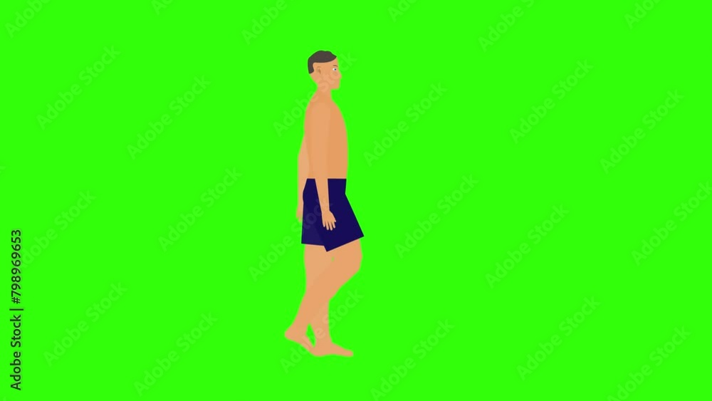 Man walking bare bust and short pants, beach theme, without shoes, cartoon flat character animation, on green screen, seamless loop Man walking bare bust and short pants, beach theme, without shoes, cartoon flat character animation, on green screen, seamless loop