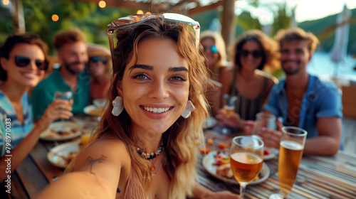 Woman taking a selfie with her friends while they eat and drink at an outdoor table. Picnic with friends to celebrate friendship.