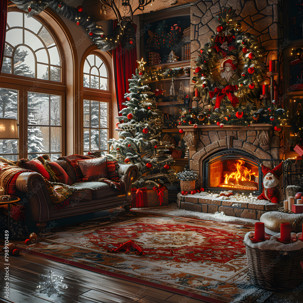 Living room with Christmas trees, couch, fireplace, and festive decorations