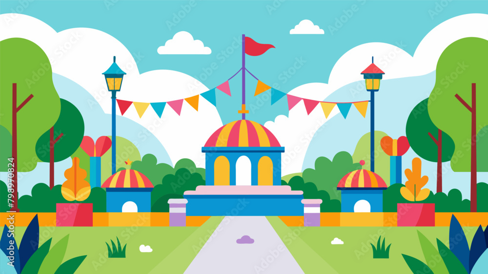 The park was adorned with colorful decorations and flags celebrating the freedom and resilience of the community.. Vector illustration