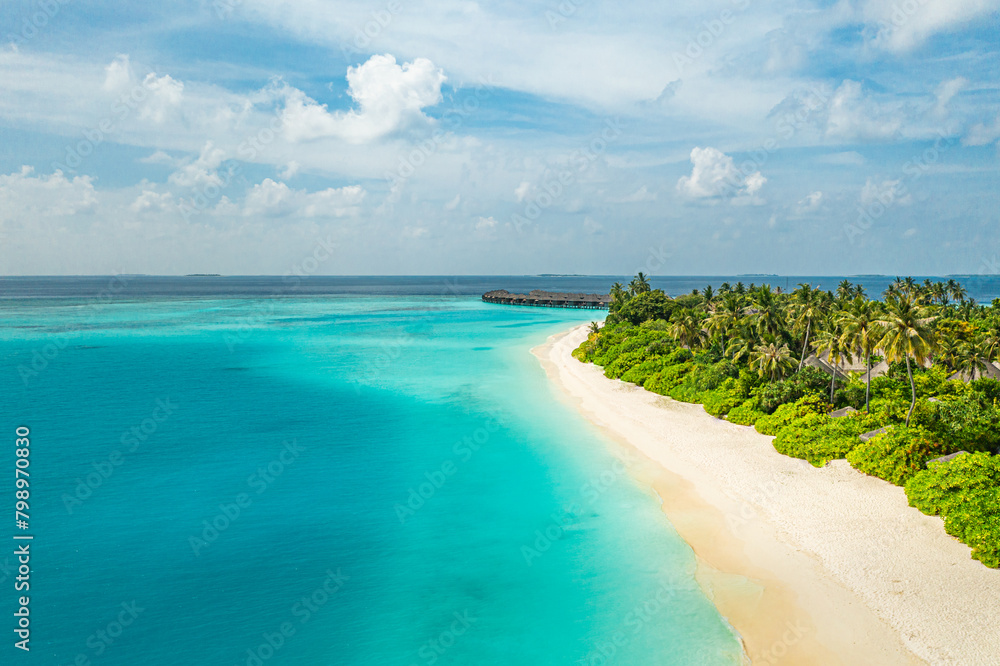 Fototapeta premium Beauty beach drone aerial. Luxury summer travel vacation landscape. Tropical beach. Amazing landscape palm trees, blue sea sunny sky. Perfect beach scene vacation, summertime holiday. Wonderful nature