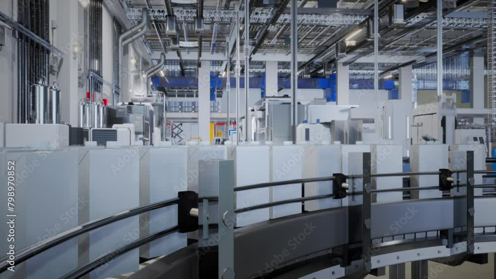 Automated Production Conveyor Line At The Modern Factory. Carrying The Cartons On The Production Conveyor Line. Carton Boxes Transported On The Production Conveyor Line. Machinery Mechanism Automated Production Conveyor Line At The Modern Factory. Carrying The Cartons On The Production Conveyor Line. Carton Boxes Transported On The Production Conveyor Line. Machinery Mechanism