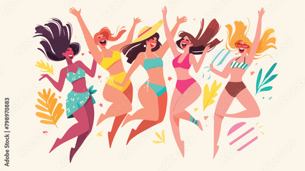 Happy women portrait jumping up rejoicing summer ho