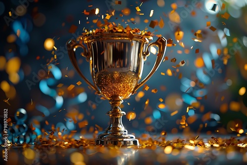 a shiny golden trophy cup on a dark blue background, surrounded by dynamic gold confetti