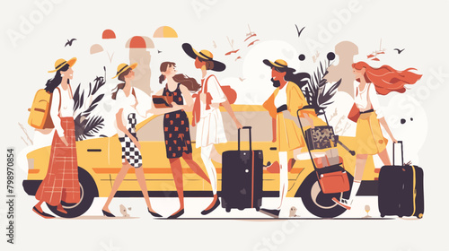 Happy women going on vacation with baggage near yel photo