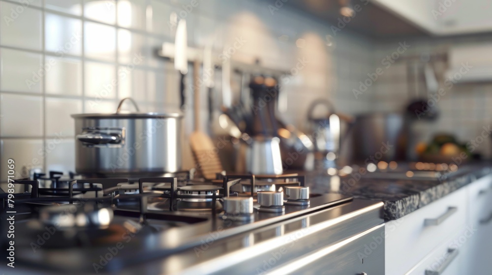 Modern kitchen interior with pots and pans on stove and sink in background, domestic cooking concept Modern kitchen interior with pots and pans on stove and sink in background, domestic cooking concept