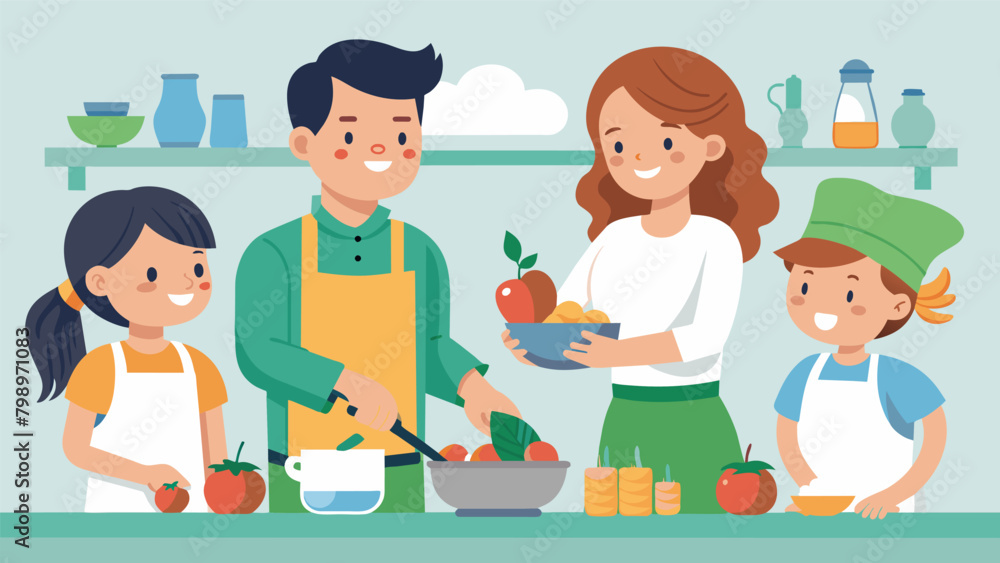 Parents and children bonding over the stove as little ones learn to chop and sauté on Young Chefs Day.