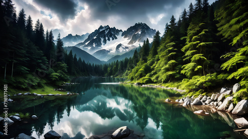 A serene mountain lake nestled among towering peaks, reflecting the surrounding forests and snow-capped summits