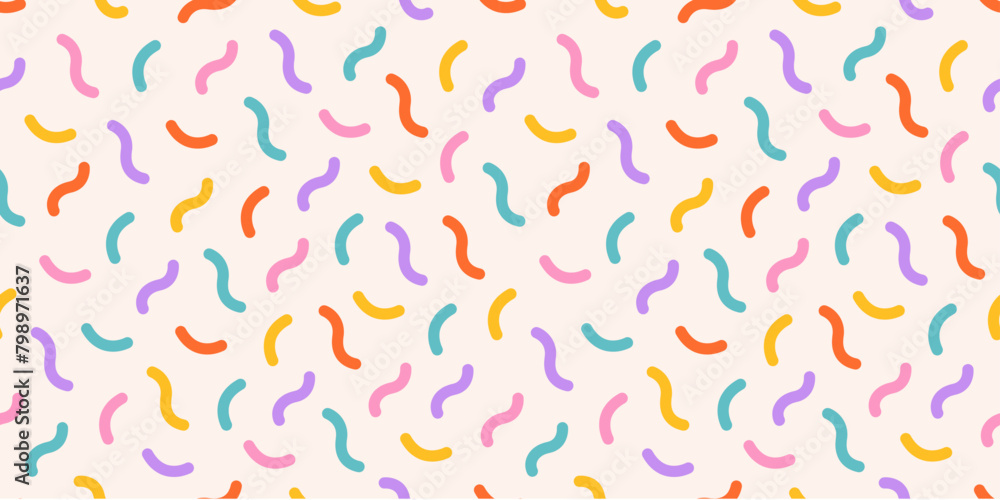 Pastel rainbow cake sprinkle pattern. 80s Birthday. Funky confetti background. Donuts glaze, dessert background. Memphis style. Curved lines. Celebration design. Background for wrapping paper Pastel rainbow cake sprinkle pattern. 80s Birthday. Funky confetti background. Donuts glaze, dessert background. Memphis style. Curved lines. Celebration design. Background for wrapping paper