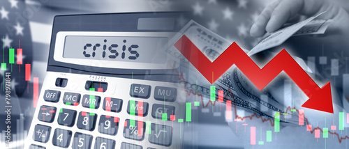 Crisis background. Calculator near falling quotations. Crisis economic chart. Dollars in hands of man. Crisis of American economy. US dollar inflation chart. Recession, depression photo