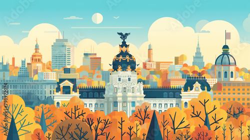 Illustration of Madrid, Spain with its typical sight on a sunny day