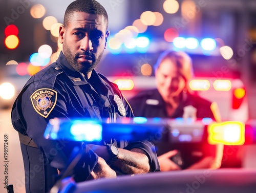 A police officer stands in front of two other police officers, one of whom is holding a gun. The scene is set in a busy city street with cars and traffic lights in the background