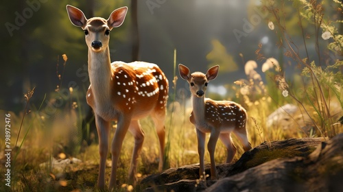 Fawns in the forest at sunset. Beautiful animals in nature. © Sumera