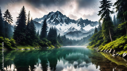 A serene mountain lake nestled among towering peaks, reflecting the surrounding forests and snow-capped summits © Farhan