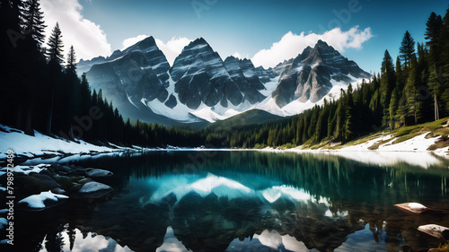 A serene mountain lake nestled among towering peaks  reflecting the surrounding forests and snow-capped summits