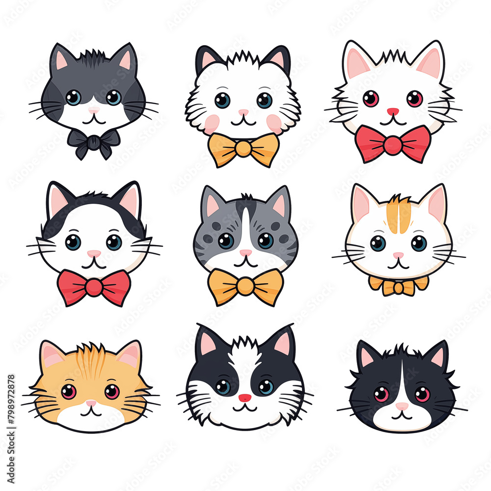 set of cat heads logo on transparent background, clipart bundle kawaii cats cute and funny 2d flat lay animals	