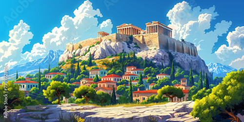 Acropolis hills of Athens, Greece illustration photo