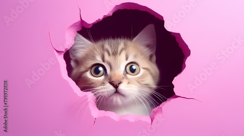 Cute cat peeking through a hole in pink paper background.