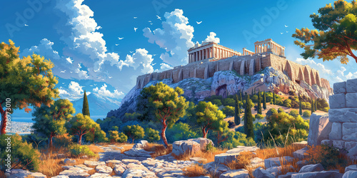Acropolis hills of Athens, Greece illustration photo