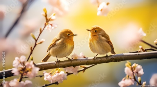 Two european robin birds sitting on a branch of cherry blossom