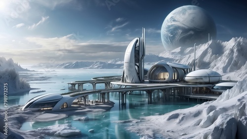 Colonization of Frozen Planet. Alien Landscape with Sustainable Energy Hubs. Alien Planet Exploration Base. Human Settlement in an Alien World. Planet Base for Colonization of the Planet.