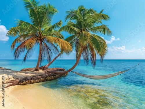 A beach with two palm trees and a hammock. The beach is calm and peaceful