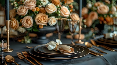 Sophisticated Black and Gold Wedding Table Setting on Dark Background