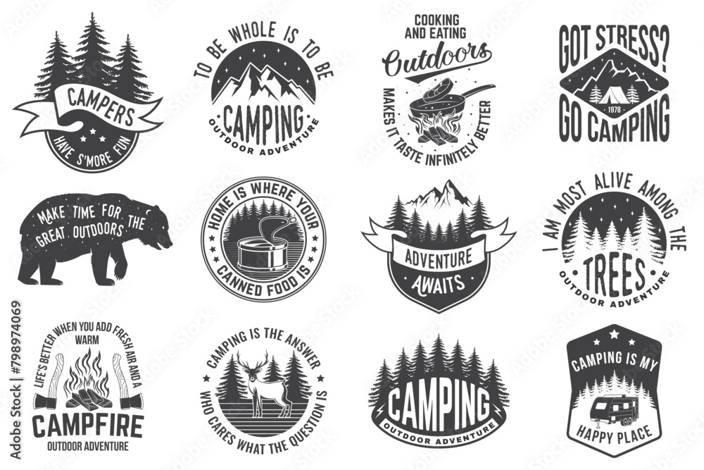 Set of camping related typographic quote. Vector. The images are created without the use of any artificial intelligence software at any stage. Design with forest, mountains, axe and campfire
