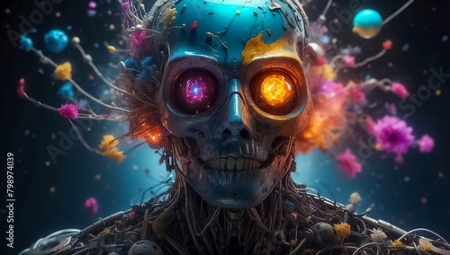 Abstract Human Skull in The Quantum World of Subatomic Debris  with a Splash of Coloration and Complex Patterns. Turbulent Waves of Particles. Explosive Surreal Colors Background.