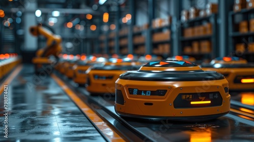 Industrial Warehouse Robots with Orange Lights Front and Back in Operation
