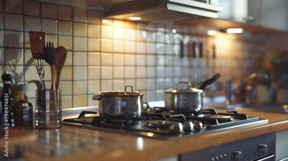 Modern kitchen interior with pots and pans on stove and utensils on counter top in soft natural light Modern kitchen interior with pots and pans on stove and utensils on counter top in soft natural light