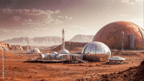 Colonization of Mars. Alien Landscape with Sustainable Energy Hubs. Alien Planet Exploration Base. Human Settlement in an Alien World. Planet Base for Habitation and Colonization of the Planet.