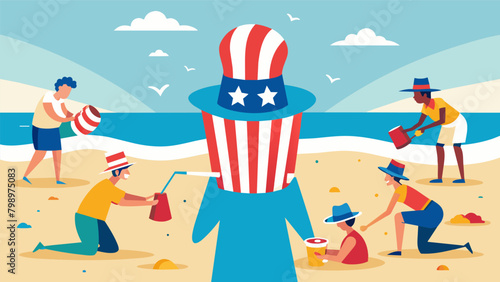 The sound of ocean waves mixed with the clinking of shovels and buckets as beachgoers crafted a gigantic Uncle Sam hat complete with stripes and. Vector illustration