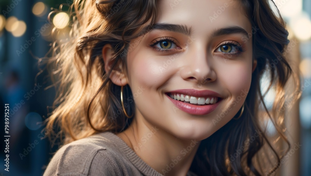 Beautiful Girl with a Smile, Big White Teeth, and Blue Eyes. A Satisfied Woman with a Beautiful Smile. Happy Woman. Beautiful Girl with a Smile, Big White Teeth, and Blue Eyes. A Satisfied Woman with a Beautiful Smile. Happy Woman.