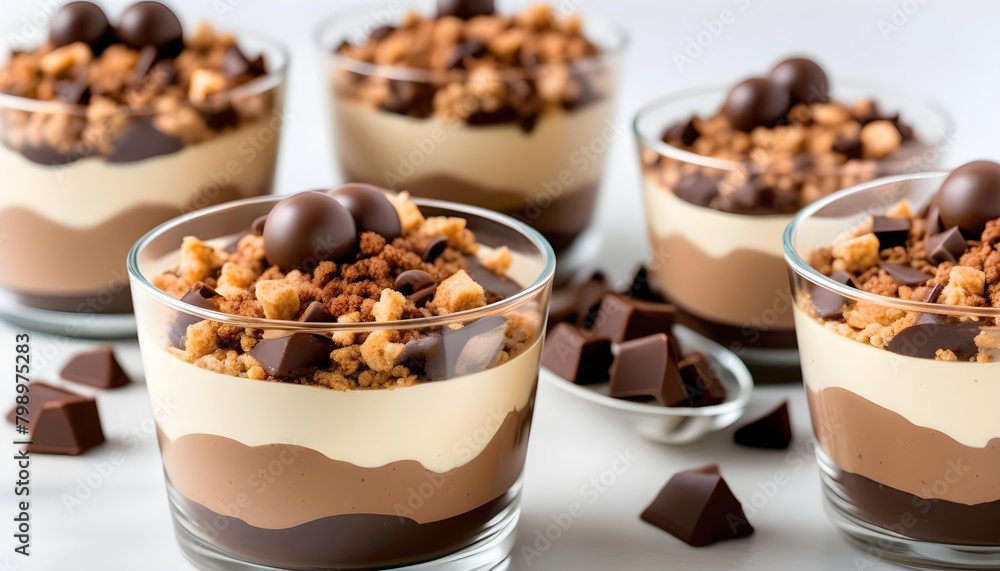 A layered chocolate mousse in a glass bowl with chocolate-covered crumbs on top A layered chocolate mousse in a glass bowl with chocolate-covered crumbs on top