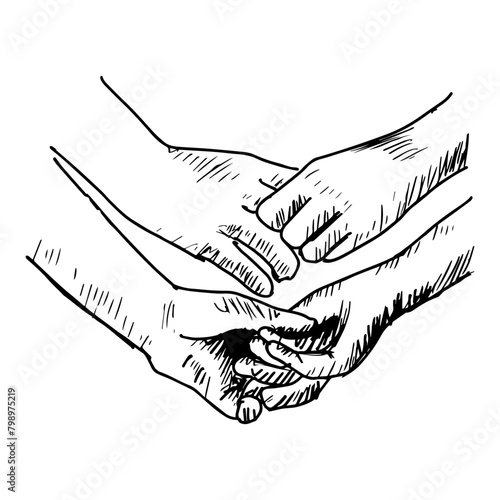 Hands of couple in love. Doodle of support gesture. Hand drawn vector illustration. 