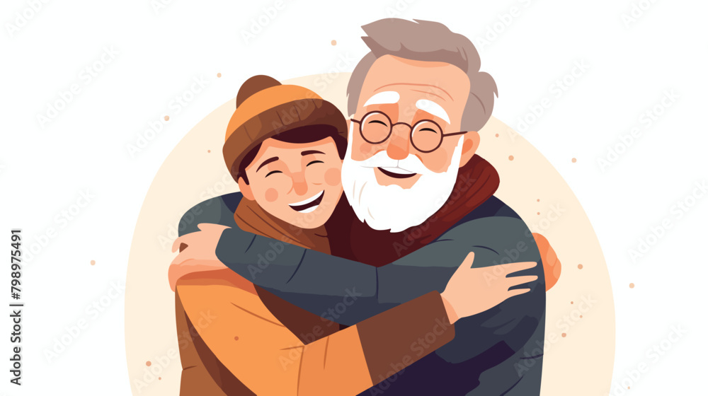 Hipster guy hugging old grandfather feeling love an