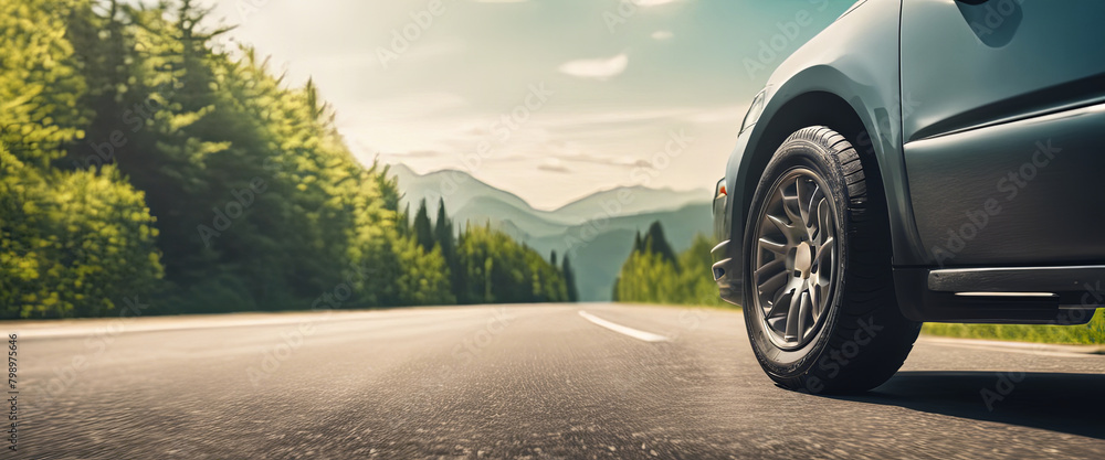 Summer tires on road in sunny day near beautiful.