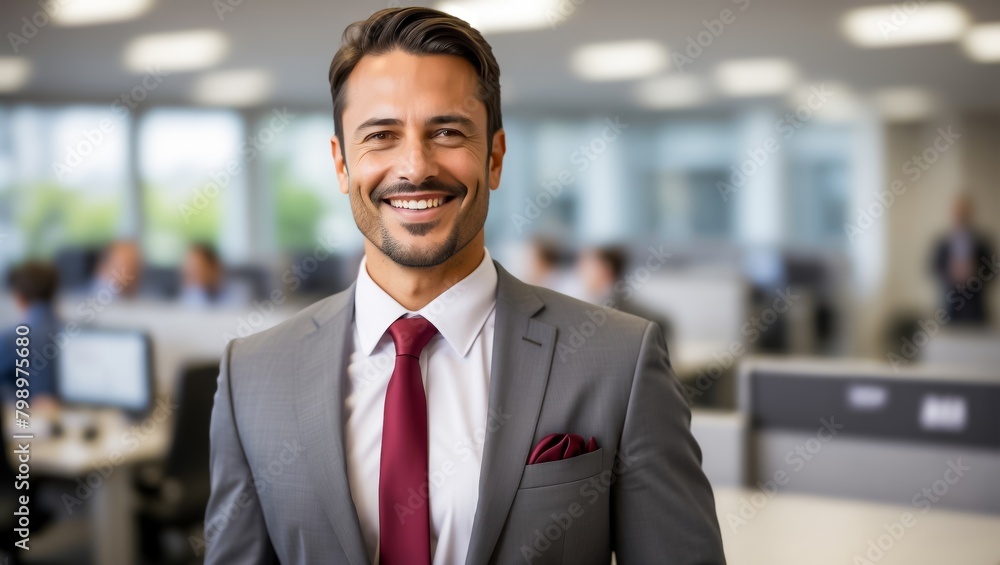 A Corporate Employee Wearing a Suit and Smiling, Office in the Background. Satisfied Businessman. Office Worker Happy After Success at Work. A Corporate Employee Wearing a Suit and Smiling, Office in the Background. Satisfied Businessman. Office Worker Happy After Success at Work.