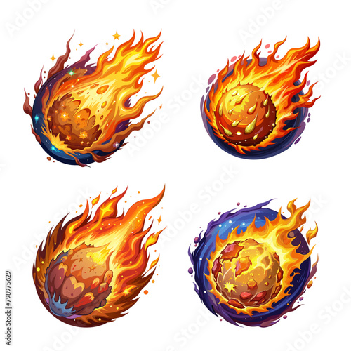 Set of burning meteor comet falling down fast illustration