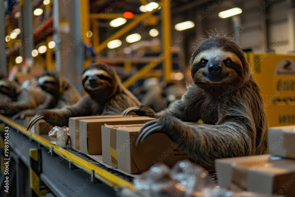 Fototapeta premium Three adorable sloths slowly moving along a conveyor belt in a factory assembly line
