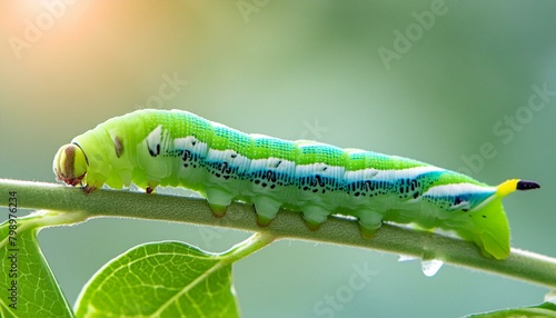 Green caterpillar on a branch Close-up 