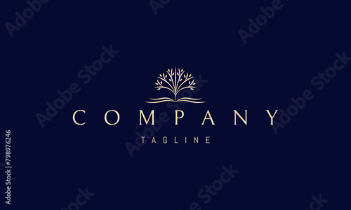 A vector golden logo with an abstract image of a tree above an open book.