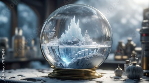 A Miniature World, Frozen in a Crystal Orb. Magic Realm. Frozen World. Ancient Laboratory.