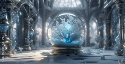 An Ancient Tree of Life, Frozen in a Crystal Orb. Magic Realm. Frozen World. photo