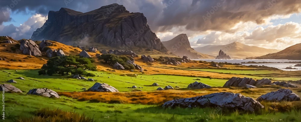 Illustration of Ireland's Iconic Highlands Landmarks, Majestic Grass-Capped Peaks, and Landscapes. Surrounding Fields of Meadows and Autumn Vibes.